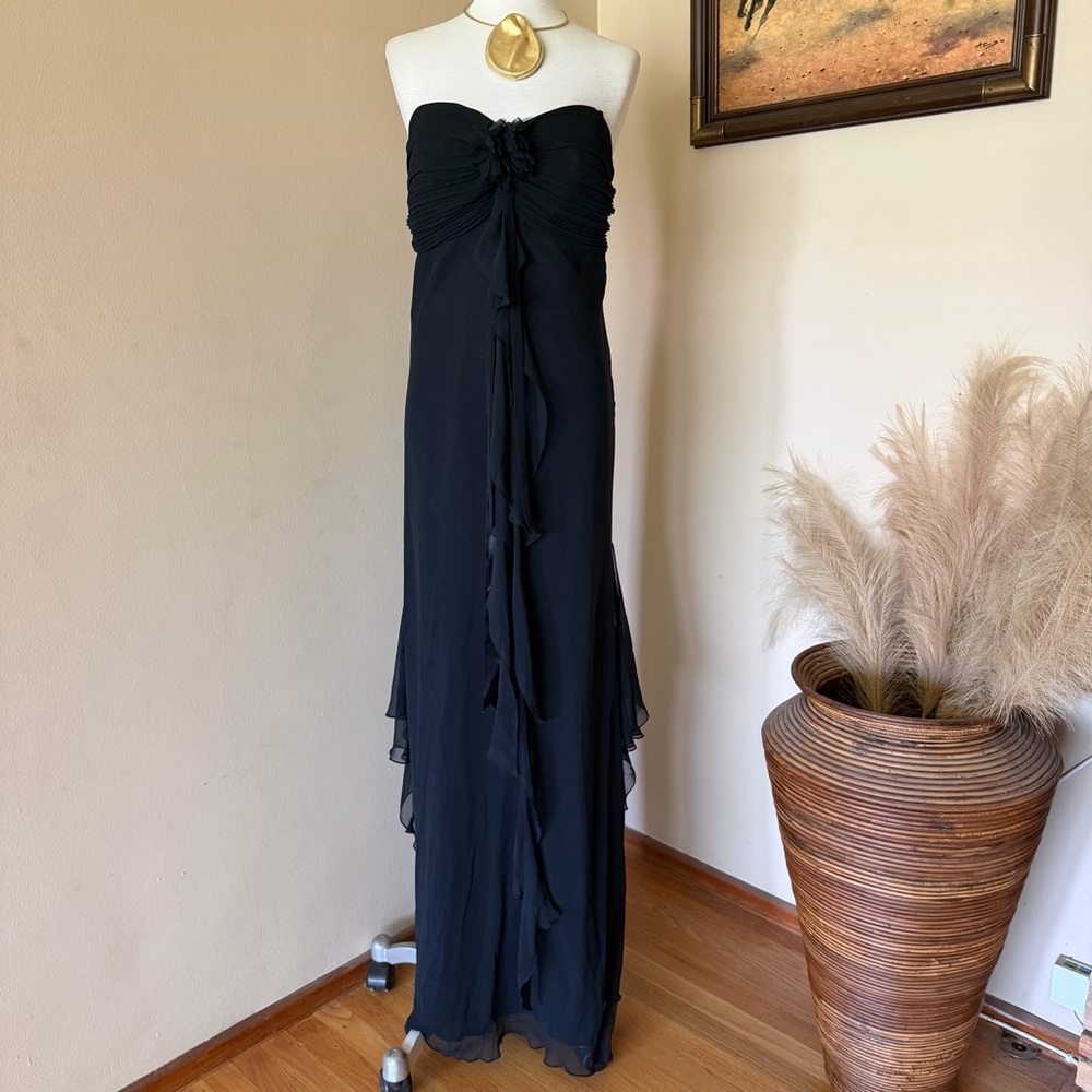 Vintage Elegant Black Strapless Ruffle-Front Maxi Dress